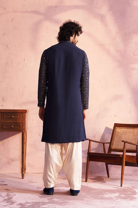 SHRESTHA By VASTRAMAY Men's Navy Blue Georgette Zari With Sequins Worked Kurta Patiala Set